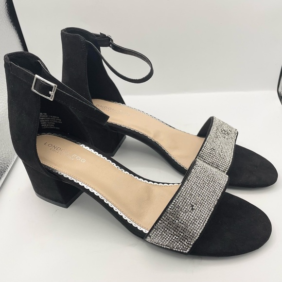London Fog Nikki2 suede rhinestone block heel black sandals women’s Size 10W - Picture 3 of 12